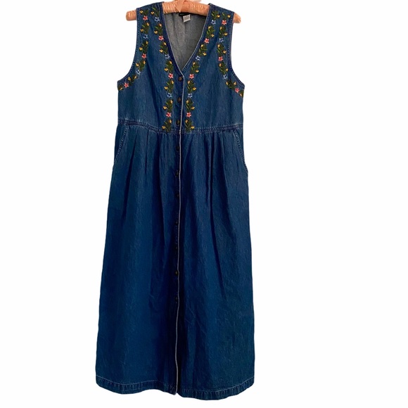 Vintage Dresses & Skirts - Vintage Denim Sleeveless Embroidered Maxi Dress 8